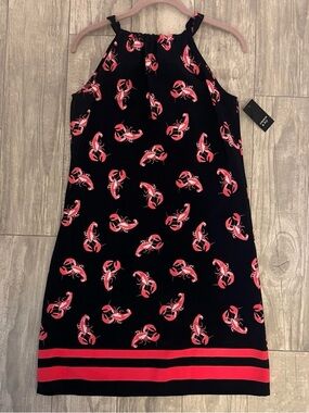 crown & ivy Black Mini Dress with Red/Pink Lobster Print